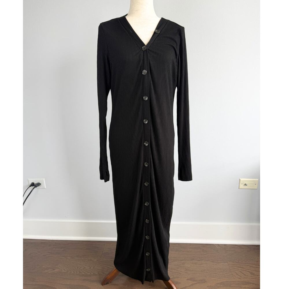Enza Costa Womens XL Black Ribbed Button Front Maxi Cardigan Dress Viscose USA